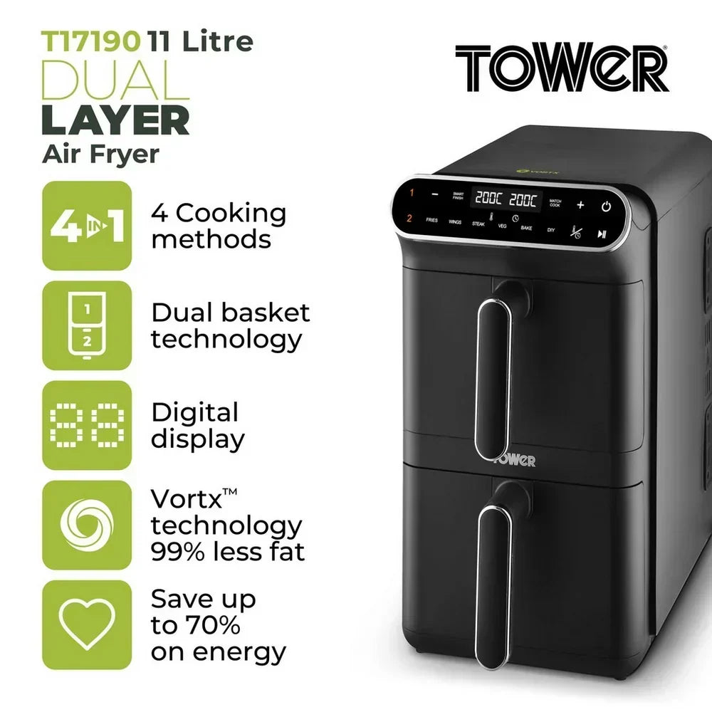 Tower T17190 Vortx 11L Dual Layer Air Fryer - Black with Chrome Trim